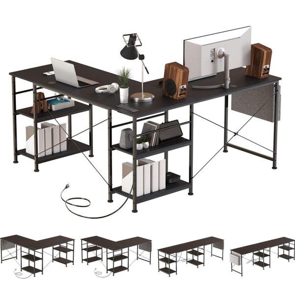Aiorber Scrivania Angolare Per Computer A Forma Di L, Piano Reversibile, Con Presa Elettrica, 140X140X74 Cm, Colore Nero-image