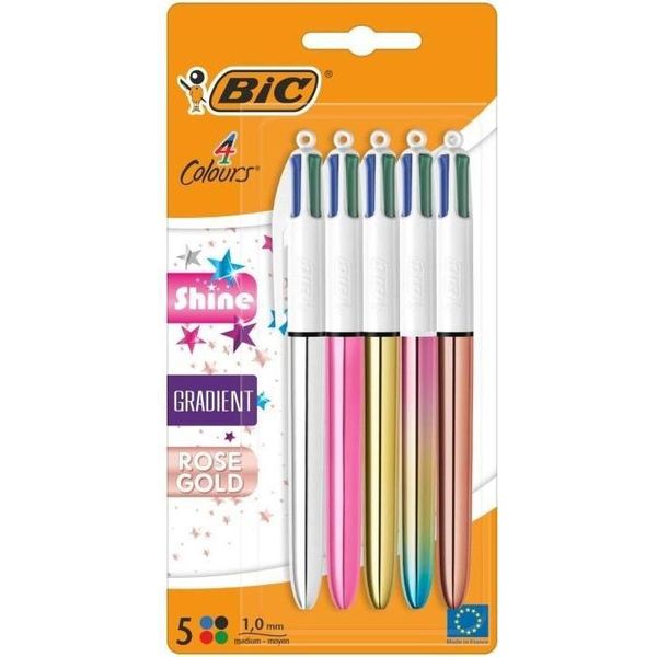 Set Di Biro A 4 Colori Bic 4 Colours Shine, In Diversi Colori, Confezione Da 5, Ideale Per L'ufficio, La Casa O La Scuola-image