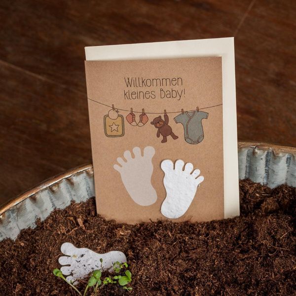 Biglietto Di Nascita "Welcome Little Baby"" - Biglietto Pieghevole In Crescita Con Semi Di Fiori - Biglietto Di Auguri Sostenibile Per Nascita Din A6 Con Busta"-image