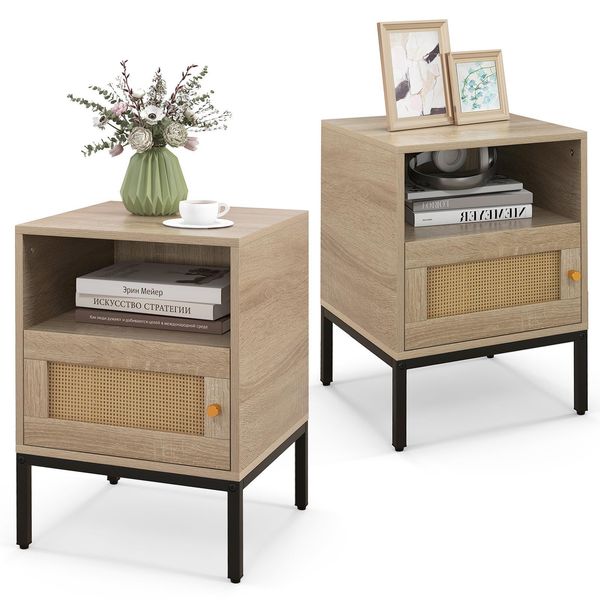 Costway Set Di 2 Comodini In Polyrattan, Comodini Con Ripiano Aperto E Armadietto, Tavolino Da Divano Console Da Comodino In Stile Boho, 40X40X57Cm Natura-image