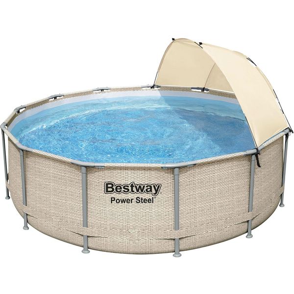 Bestway® Power Steel™ Frame Set Completo Di Piscina Con Pompa Filtro Ø 396 X 107 Cm, Aspetto Rattan (Ecru), Rotondo-image