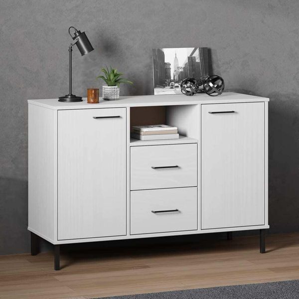 Credenza Oslo Con Gambe In Metallo Bianco 113X40X77 Cm In Legno Massiccio-image