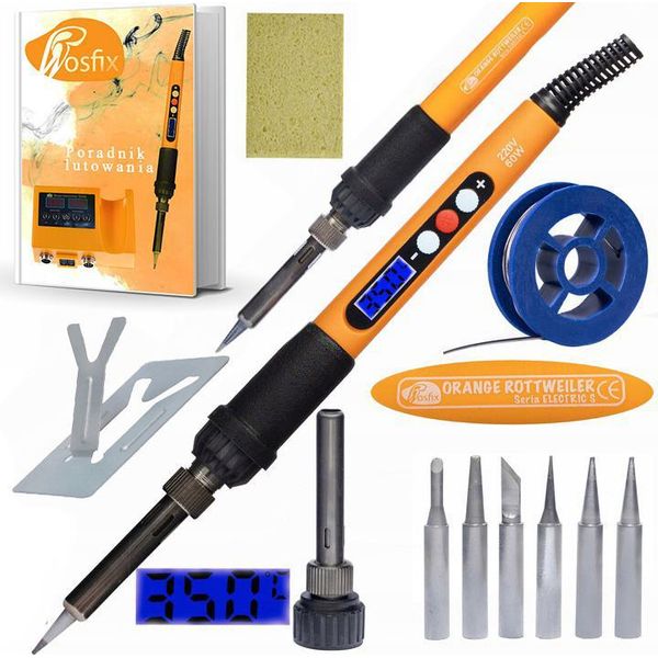 Saldatore Professionale 60W Rosfix Orange Con Display Lcd, 6 Punte, Spugna E Supporto - Set 12 In 1-image
