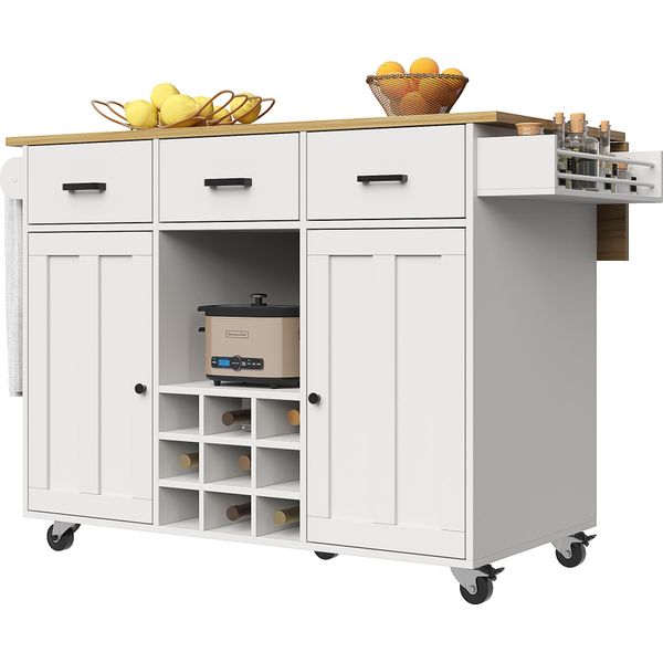 Abrihome Carrello Da Pranzo Carrello Da Cucina Con Piano Di Lavoro, Divisori, Portasciugamani E Portaspezie, Piano Del Tavolo Con Venature Del Legno, Bianco-image