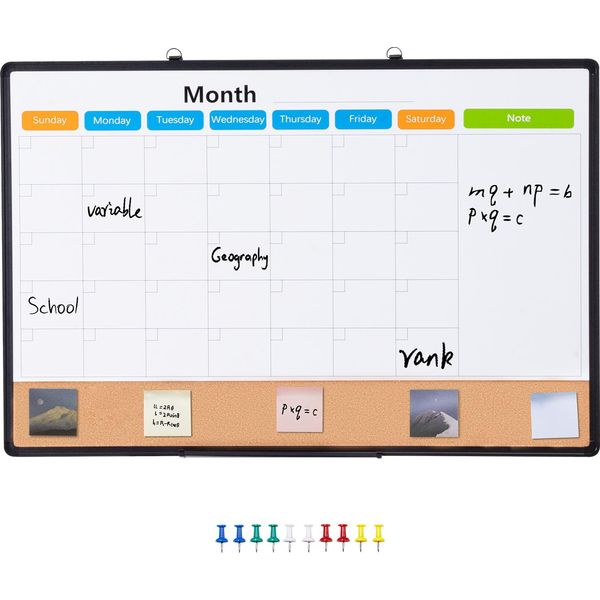Succebuy 36 "X24"" Calendario Mensile Lavagna Bianca E Lavagna In Sughero Con Cornice In Alluminio - 2-In-1 Lavagna Magnetica Cancellabile A Secco E Bacheca Per Montaggio A Parete - Perfetto"-image