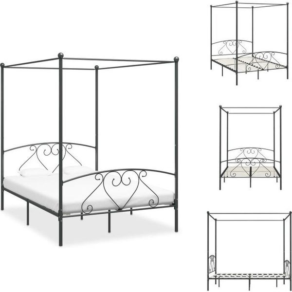 Vidaxl Struttura Letto A Baldacchino In Metallo Grigio 160 X 200 Cm - Letti E Strutture Letto-image