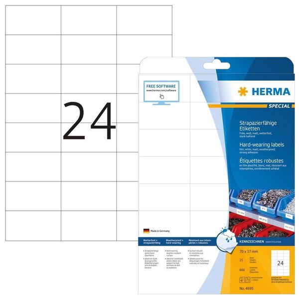 Herma Special - Etichette Autoadesive Permanenti In Film Opaco - Bianco - 70 X 37 Mm - 600 Etichette (25 Fogli X 24) (4695)-image