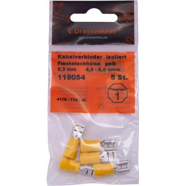 Presa Piatta Manicotto A Crimpare Parzialmente Isolato Sezione: 4,0 - 6,0 Mm², Dimensione Spina: 6,3 X 0,8 Mm, Giallo (Dresselhaus) Venduto Solo In Confezioni Da 5, Prezzo Per Confezione-image