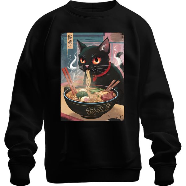 Gatto Nero Ramen Noodle Soup Giapponese Kawaii Anime Neko Chibi Unisex Felpa Pullover, Nero, Xl-image