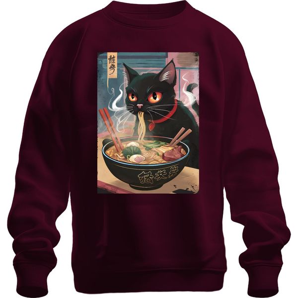 Black Cat Ramen Noodle Soup Japanese Kawaii Anime Neko Chibi Unisex Felpa Pullover, Borgogna, 3XL-image