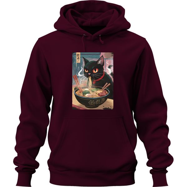 Black Cat Ramen Noodle Soup Japanese Kawaii Anime Neko Chibi Unisex Felpa Con Cappuccio, Borgogna, 3XL-image
