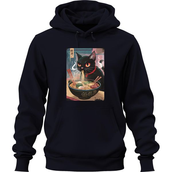 Black Cat Ramen Noodle Soup Japanese Kawaii Anime Neko Chibi Unisex Felpa Con Cappuccio, Navy, 3XL-image