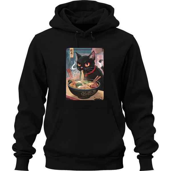 Gatto Nero Ramen Noodle Soup Giapponese Kawaii Anime Neko Chibi Unisex Felpa Con Cappuccio, Nero, 3XL-image