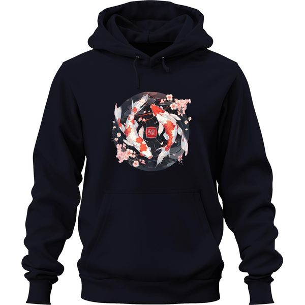 Carpa Koi Sakura Pesce Giapponese Zen Fiori Di Ciliegio Yinyang 鯉 Felpa Con Cappuccio Unisex, Navy, Xl-image