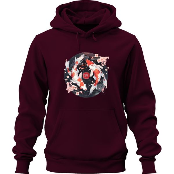 Carpa Koi Sakura Pesce Giapponese Zen Fiori Di Ciliegio Yinyang 鯉 Felpa Con Cappuccio Unisex, Borgogna, Xxl-image