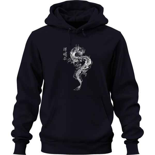 Drago Giapponese Irezumi Drago Orientale Asia Koi Flame Felpa Con Cappuccio Unisex, Navy, S-image