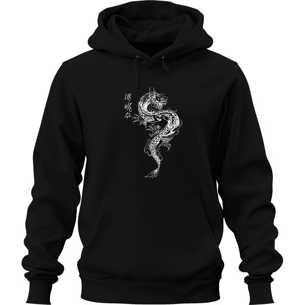 Drago Giapponese Irezumi Drago Orientale Asia Koi Flame Unisex Felpa Con Cappuccio, Nero, S-image