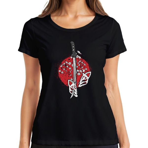 Maglietta Katana Samurai Kitsune Mask Sakura Cherry Blossom Japan Sun Donna, Nero, Xl-image