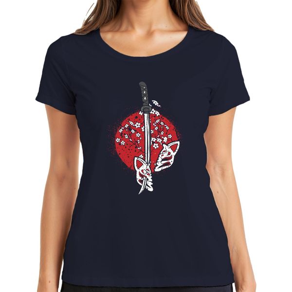 Katana Samurai Kitsune Mask Sakura Cherry Blossom Japan Sun Maglietta Da Donna, Navy, S-image