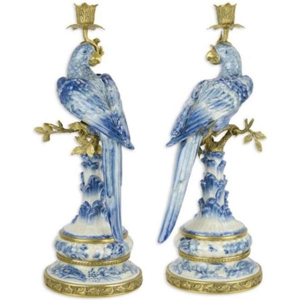 Casa Padrino Set Di Candelieri Liberty Pappagalli Blu / Bianco / Oro 22,1 X 18,6 X H. 49,4 Cm - Candelieri In Porcellana - Accessori Per Alberghi E Ristoranti - Accessori Barocco E Liberty-image