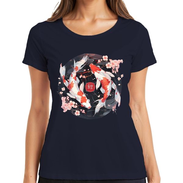 Koi Carp Sakura Japanese Fish Zen Cherry Blossoms Yinyang 鯉 Ladies T-Shirt, Navy, M-image