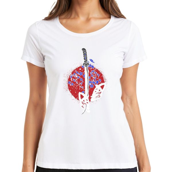 Katana Samurai Kitsune Mask Sakura Cherry Blossom Japan Sun Maglietta Da Donna, Bianco, Xl-image