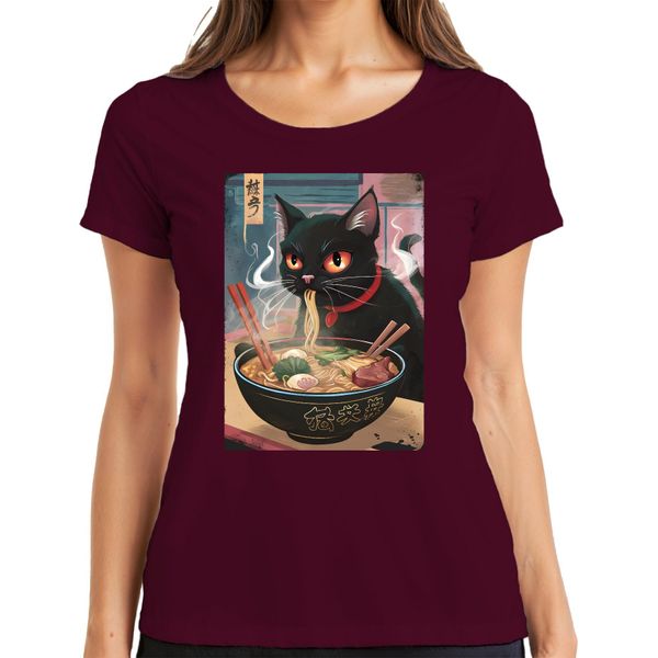 Black Cat Ramen Noodle Soup Japanese Kawaii Anime Neko Chibi Maglietta Da Donna, Borgogna, Xxl-image