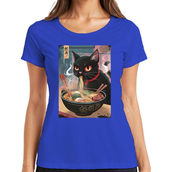Black Cat Ramen Noodle Soup Japanese Kawaii Anime Neko Chibi Maglietta Da Donna, Blu, M-image