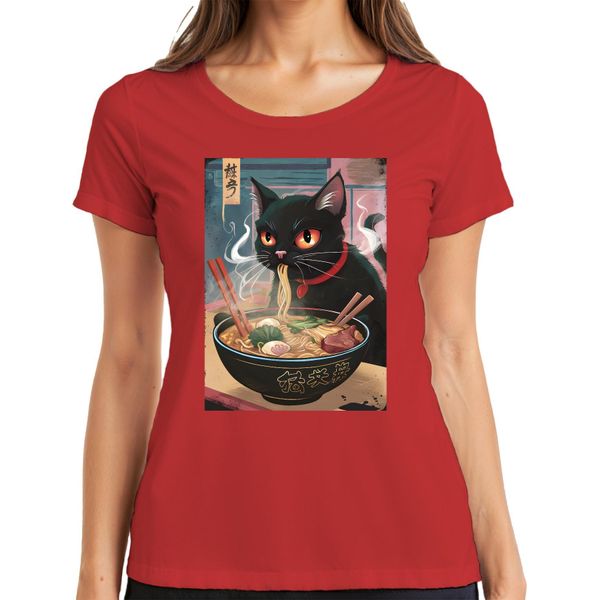 Black Cat Ramen Noodle Soup Japanese Kawaii Anime Neko Chibi Maglietta Da Donna, Rosso, M-image