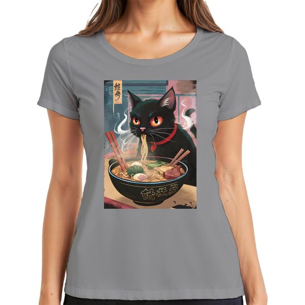 Black Cat Ramen Noodle Soup Japanese Kawaii Anime Neko Chibi Maglietta Da Donna, Grigio, M-image
