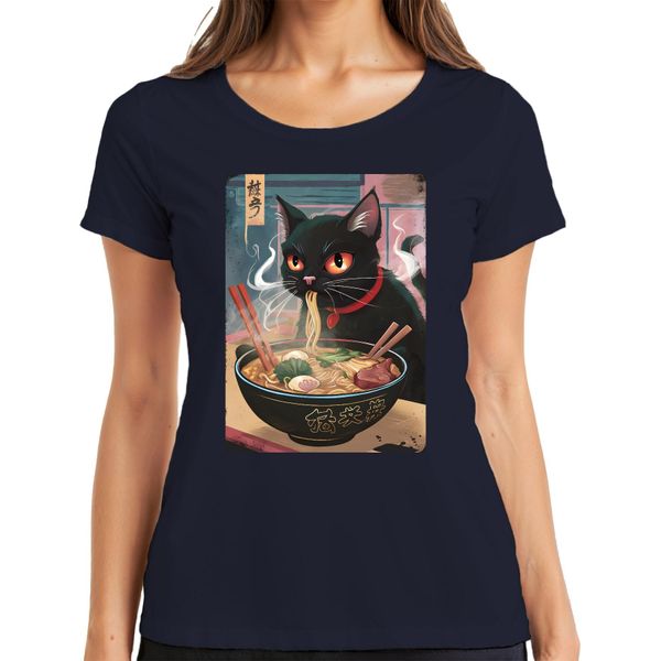 Black Cat Ramen Noodle Soup Japanese Kawaii Anime Neko Chibi Ladies T-Shirt, Navy, S-image