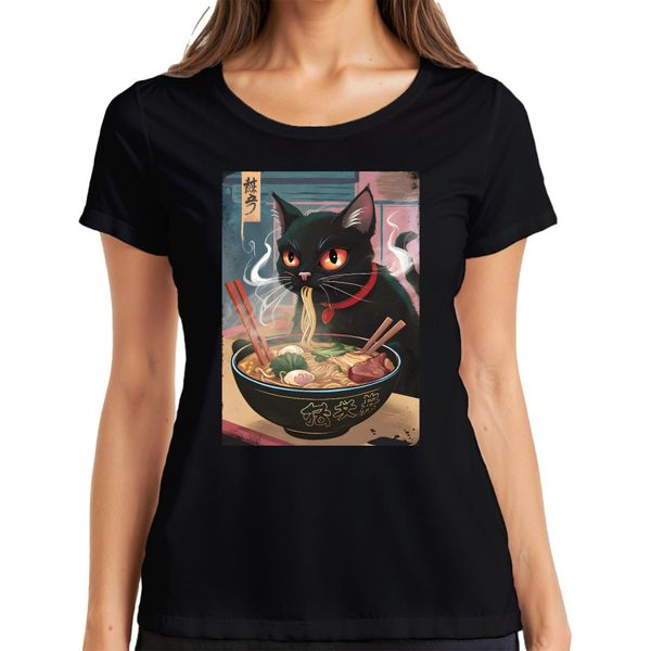Black Cat Ramen Noodle Soup Japanese Kawaii Anime Neko Chibi Maglietta Da Donna, Nero, 3XL-image