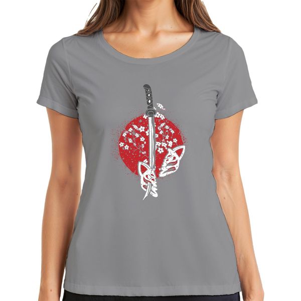 Maglietta Katana Samurai Kitsune Mask Sakura Cherry Blossom Japan Sun Donna, Grigio, 3XL-image