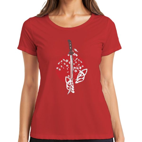 Katana Samurai Kitsune Mask Sakura Cherry Blossom Japan Sun Maglietta Da Donna, Rosso, Xxl-image