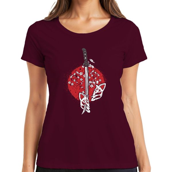 Katana Samurai Kitsune Mask Sakura Cherry Blossom Japan Sun Maglietta Da Donna, Bordeaux, Xxl-image