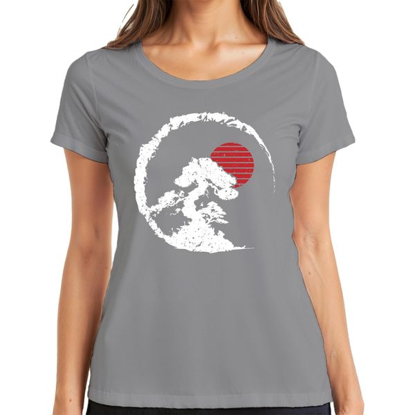 Bonsai Tree Zen Japan Enso Circle Red Sun Vintage Retro Grunge Ladies T-Shirt, Grigio, Xl-image