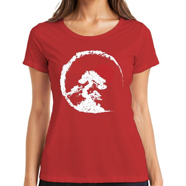 Bonsai Tree Zen Japan Enso Circle Red Sun Vintage Retro Grunge Ladies T-Shirt, Rosso, Xxl-image