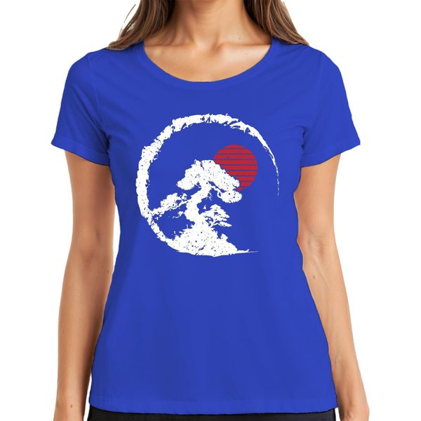 Bonsai Tree Zen Japan Enso Circle Red Sun Vintage Retro Grunge Ladies T-Shirt, Blu, Xl-image