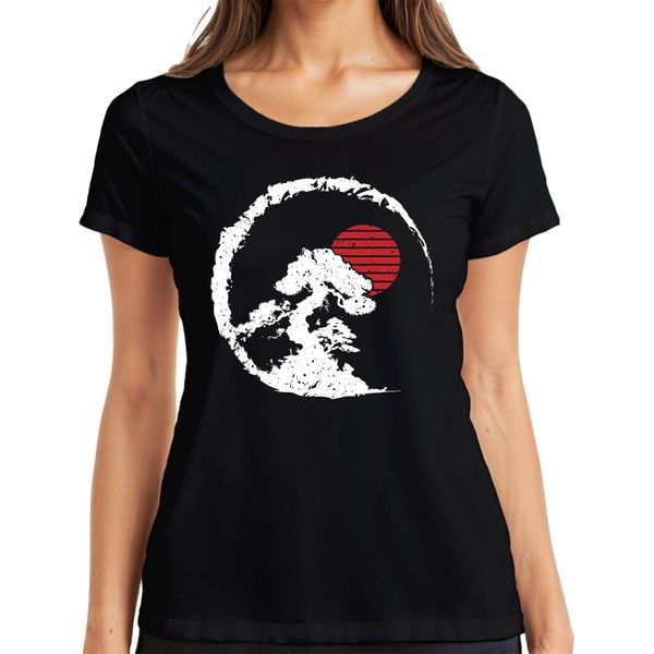 Bonsai Tree Zen Japan Enso Circle Red Sun Vintage Retro Grunge Ladies T-Shirt, Nero, 3XL-image