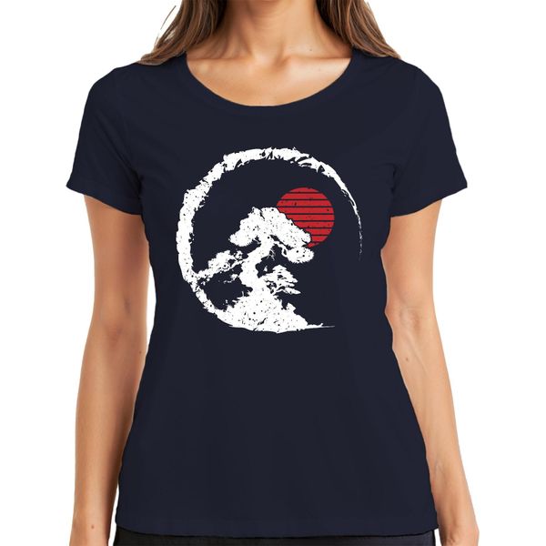 Bonsai Tree Zen Japan Enso Circle Red Sun Vintage Retro Grunge Ladies T-Shirt, Navy, Xxl-image