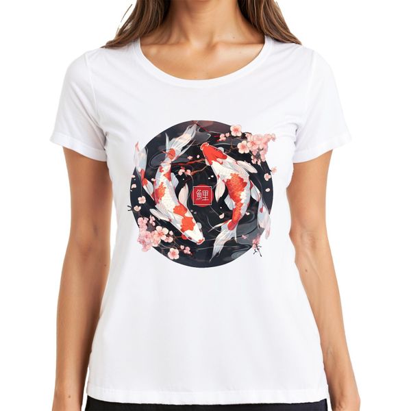Koi Carp Sakura Japanese Fish Zen Cherry Blossoms Yinyang 鯉 Maglietta Da Donna, Bianco, M-image