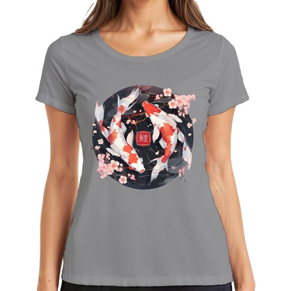 Koi Carp Sakura Japanese Fish Zen Cherry Blossoms Yinyang 鯉 Maglietta Da Donna, Grigio, M-image