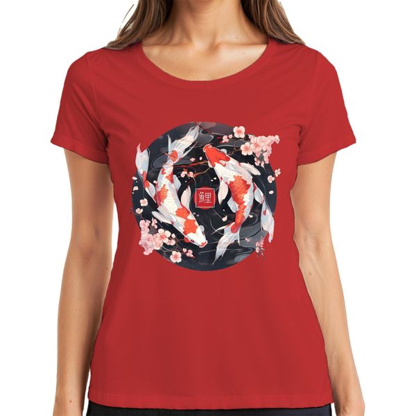 Koi Carp Sakura Japanese Fish Zen Cherry Blossoms Yinyang 鯉 Maglietta Da Donna, Rosso, L-image