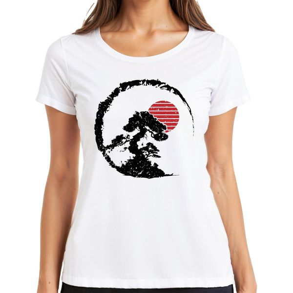 Bonsai Tree Zen Japan Enso Circle Red Sun Vintage Retro Grunge Ladies T-Shirt, Bianco, 3XL-image