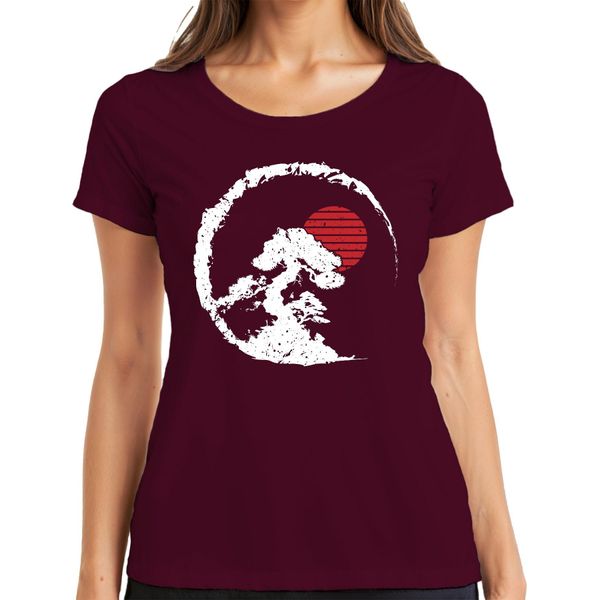 Bonsai Tree Zen Japan Enso Circle Red Sun Vintage Retro Grunge Ladies T-Shirt, Borgogna, Xl-image