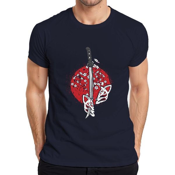 Maglietta Katana Samurai Kitsune Mask Sakura Cherry Blossom Japan Sun Uomo, Navy, S-image