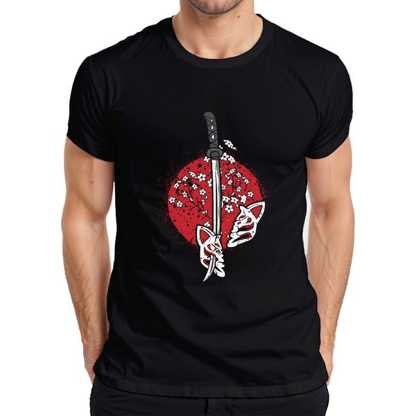 Maglietta Katana Samurai Kitsune Mask Sakura Cherry Blossom Japan Sun Uomo, Nero, S-image