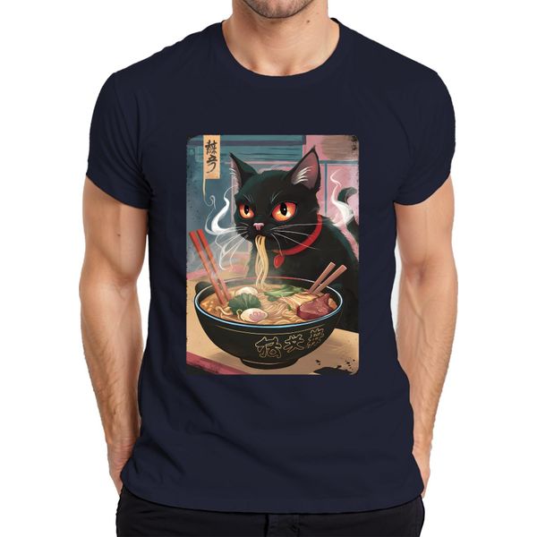 Maglietta Black Cat Ramen Noodle Soup Japanese Kawaii Anime Neko Chibi Uomo, Navy, M-image