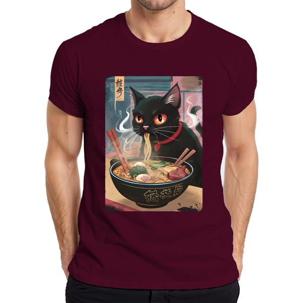 Maglietta Black Cat Ramen Noodle Soup Japanese Kawaii Anime Neko Chibi Uomo, Borgogna, Xxl-image