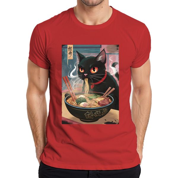 Maglietta Black Cat Ramen Noodle Soup Japanese Kawaii Anime Neko Chibi Uomo, Rosso, 3XL-image